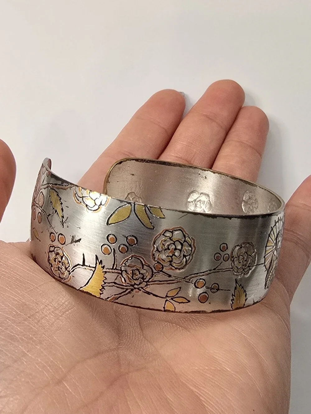 Reed & Barton Silver-Tone Daniascene Engraved Cuff Bracelet with Gold Trim